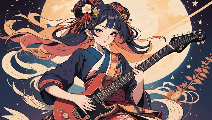 Electric guitar、Oiran、Wide-angle lens, Lofi Anime, Lofi illustration, Aesthetic atmosphere, Lo-Fi Style, Vector art, Flat Design, Simple shape, Warm tones, Pleasant atmosphere, Chill, In anime style, Digital drawing, Vector art, Vector logo for t-shirt pri...