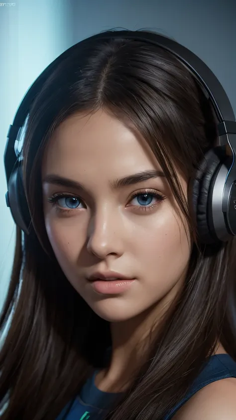 a gamer girl, high-quality headphones, detailed gaming room, beautiful detailed face, beautiful detailed eyes, sexy alluring pose, masterpiece, ultra-detailed, photorealistic, professional, vivid colors, studio lighting, extremely detailed description, (be...