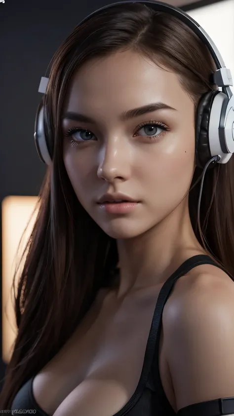 a gamer girl, high-quality headphones, detailed gaming room, beautiful detailed face, beautiful detailed eyes, sexy alluring pose, masterpiece, ultra-detailed, photorealistic, professional, vivid colors, studio lighting, extremely detailed description, (be...