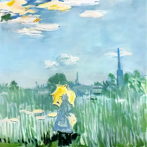 style of claude monet、painting \(moderate\), soft focus、the entire screen is blurred with white outlines、(a woman holding a para...