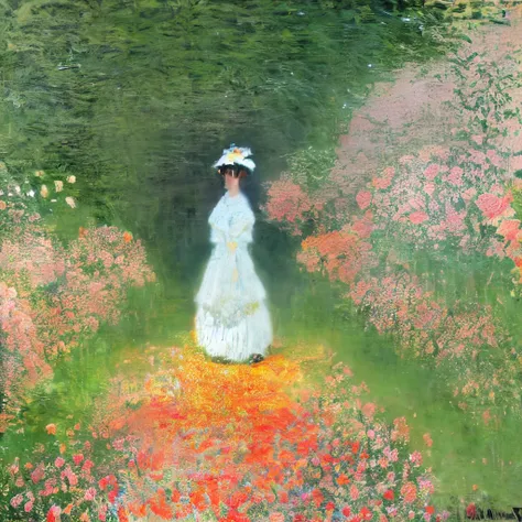 style of Claude Monet、Painting (Moderate), Soft Focus、The entire screen is blurred with white outlines、(Portrait of a young woman surrounded by flowers:1.5)