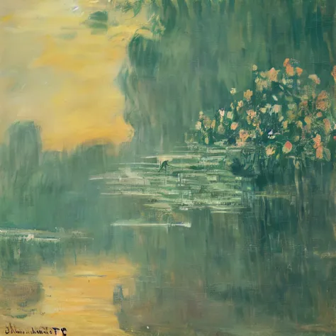 style of claude monet、painting \(moderate\), soft focus、the entire screen is blurred with white outlines、(portrait of a young wo...