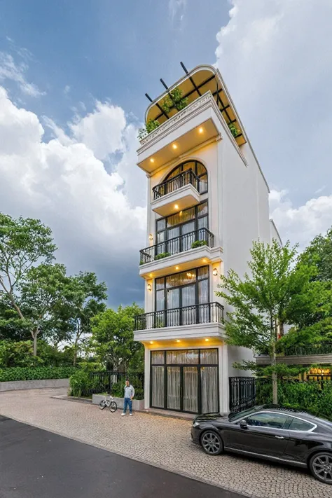 Raw photo,Masterpiece, high quality, best quality, authentic, super detail,
exterior, outdoors, house style indochine on the street ,aiaigroup
road,pavement, grass, trees, sky, cloud, (day:1.1)