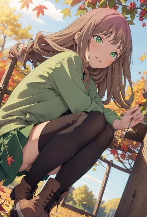 minami yume ,sss Dynazenon ,length, Long, thick braids, Brown Hair, smile,blush,(Green Eyes:1.5) ,Blue v-neck sweater,Long skirt,Black pantyhose,short boots,Walking,whole bodyがイラストに入るように,autumn leaves,autumn leavesが散っている,autumn leavesが積もっている,
break looking...