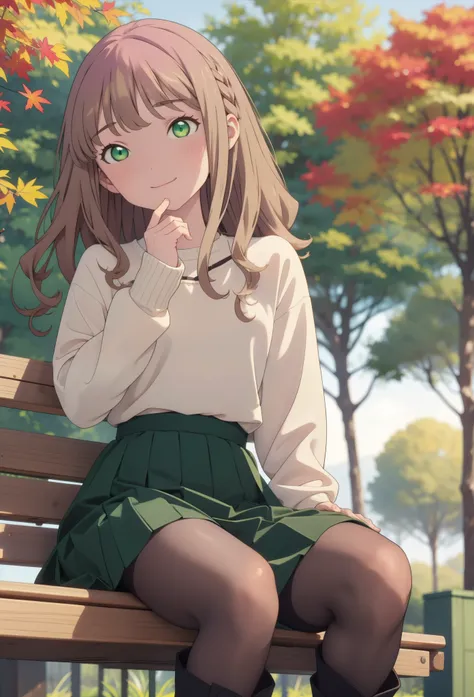 minami yume ,sss dynazenon ,length, long, thick braids, brown hair, smile,blush,(green eyes:1.5) ,blue v-neck sweater,long skirt...