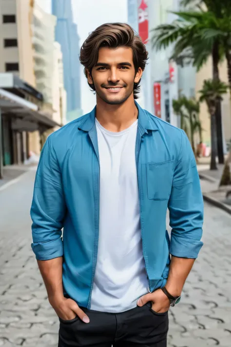 Gravure actor、Chic and casual clothing、Delicate face、good looking、her hair color is brown.、Brown eyes、Live-action shooting style、High resolution 8k、Bright smile、Like a model、Miami Vice actors、Downtown Dubai、Flawlessgood lookingなcool guy、good lookingboy、Fla...