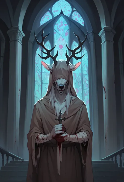 score_9, score_8_up, score_7_up, bbvicamelia, anthro, canine, horns, bloody bandes, eyes covered, standing, in a cathedral