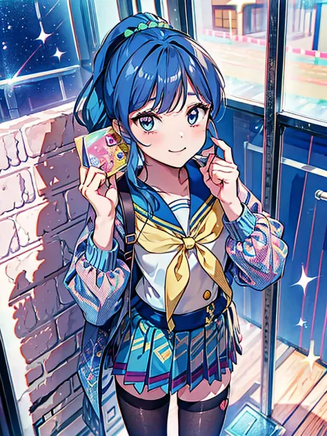 aikatsu,side_Ponytail,Blue HAIR,(nsfw:0.7),realism, (realistic:0.85), illustration, (old city:1.1), flasher, public indecency,  💫👧💖 is (standing:1.3) and wearing [harajuku school uniform:(kawaii pattern on clothes:1):(accessories on clothes:1.5):0.3], (cut...