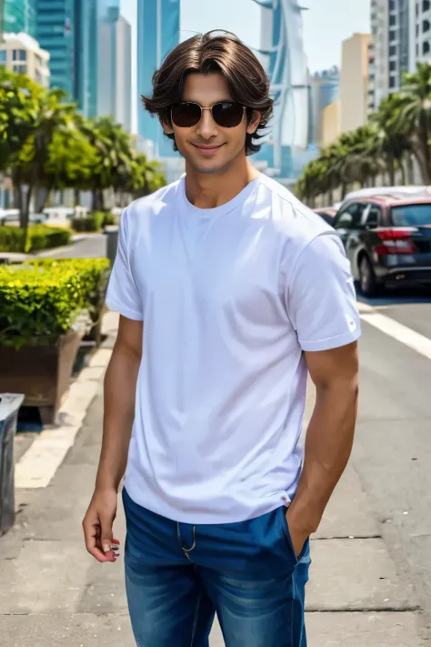 Gravure actor、Chic and casual clothing、Delicate face、good looking、her hair color is brown.、Brown eyes、Live-action shooting style、High resolution 8k、live-action、photograph、Bright smile、Like a model、Miami Vice actors、Downtown Dubai、Cityscape、Flawlessgood loo...