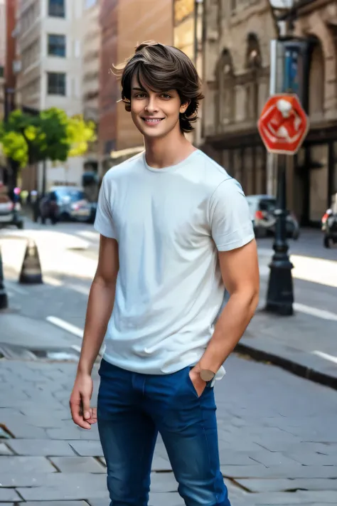 Age 25々Cool guy、What its like to be a model、Chic and casual clothing、Delicate face、good looking、I am brunette、Brown eyes、Daytime on a sunny day、Cool standing figure、The scenery in the background is a cityscape、Live-action shooting style、high quality 8k、Bri...