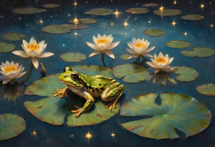A frog sitting on a lily pad in a still pond, a few large koi gold and black near the surface, a vivid starry sky is reflected on the water, viewed from above