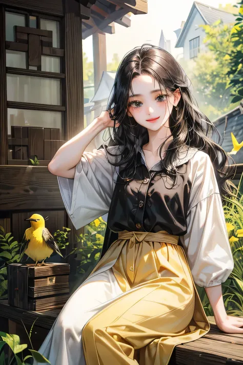 young girl, long black wavy hair, black eyes, white shirt, smile, village wood house, sitting in the yard playing with small yellow bird, detailed, accurate, extremely detailed face, extremely detailed hand and body, 4K