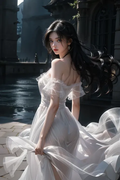 ((Girl standing in front of the wall of an old castle))、Fluorescent color、1 girl、Look to the side、Beautiful Face、Beautiful Eyes、（Off the shoulder：1.2）、Upper Body、Shiny Hair、Glowing Skin、 Reduce glare、Adjusted finger proportions、escrow、ass pov、Dynamic Angle...