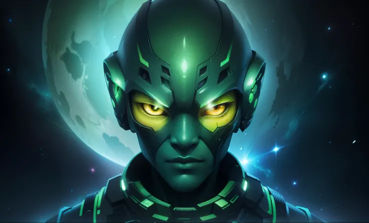 humanoid green skin colour alien, yellow eyes, space background, well detailed, 1080, realistic colours