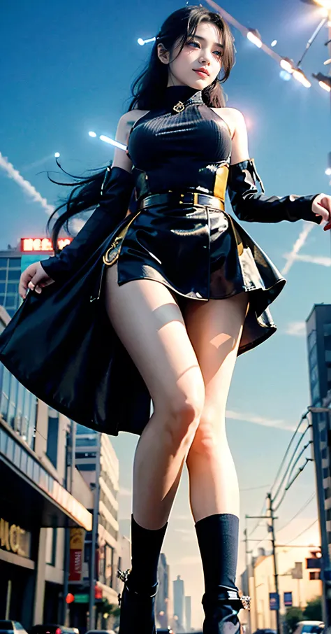 Ground View，City of Titans,Giant girl 500 feet tall，skyscraper,With super long legs,Stepping into the crowd，Lots of people on the street,A pair of very large breasts，Princess，mini skirt,Black Silk Socks，With waist-length black hair，Wearing Mary Jane heels，...