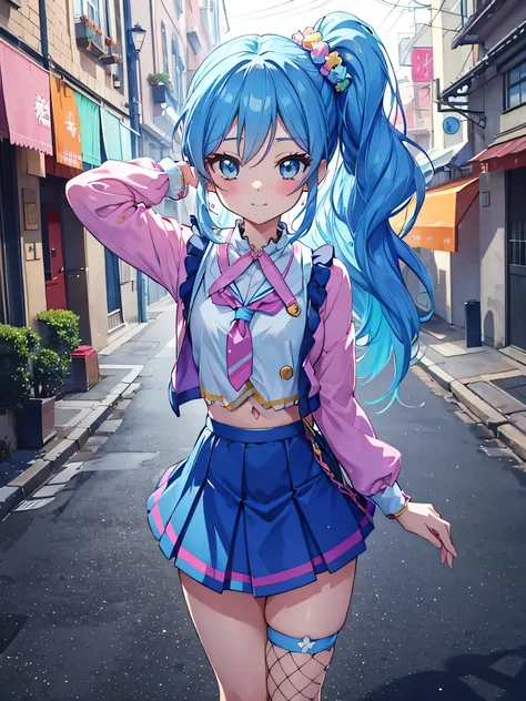 aikatsu,side_Ponytail,Blue HAIR,(nsfw:0.7),realism, (realistic:0.85), illustration, (old city:1.1), flasher, public indecency,  💫👧💖 is (standing:1.3) and wearing [harajuku school uniform:(kawaii pattern on clothes:1):(accessories on clothes:1.5):0.3], (cut...