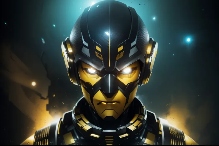 black and yellow robot man, space background, well detailed, 1080, realistic face, realistic eyes, 