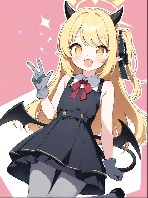 ibuki (blue archive),yellow eyes,pointy ears,blonde hair,long hair,one side up,halo,black hair ribbon,horns,(tail,low wings:1.2),(black dress:1.2),bare shoulders,grey gloves,grey pantyhose,mary janes,