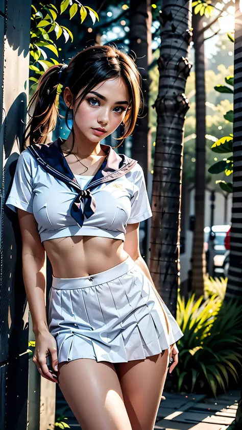 high school girl、White Sailor Suit（summer服)、White pleated skirt、White socks、loafers、ponytail、school bag、summer、sunset、Her underwear is visible through her old clothes.、In the depths of the night forest,､masterpiece, 最high quality, high quality, High resolu...