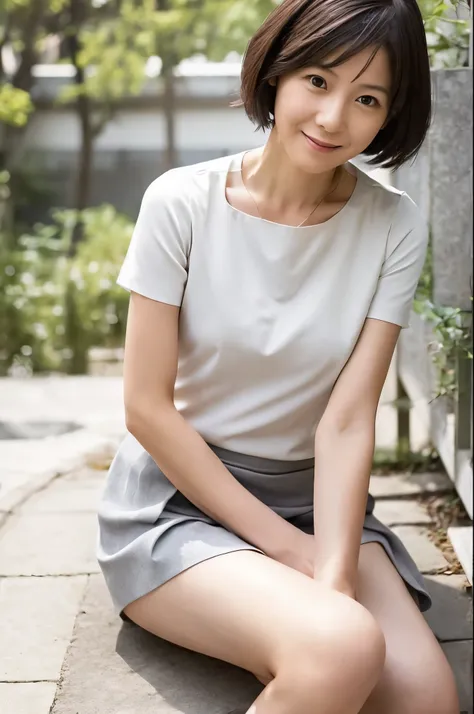 Masterpiece, daily snapshot, a skinny Japanese wife, 40 years old, short hair, cute face, detailed face, wearing a white blouse and a gray skirt, sitting in a cafe