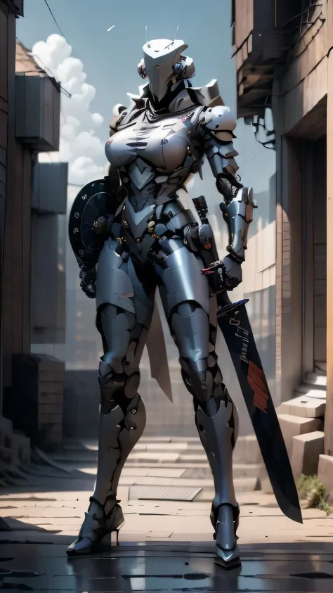 masterpiece, best quality, full body, raytraced, realistic lighting and shadows, wielding longsword and shield, mechanical exoskeleton, combat suit, big breasts, long legs, robot knight, derpd, busty