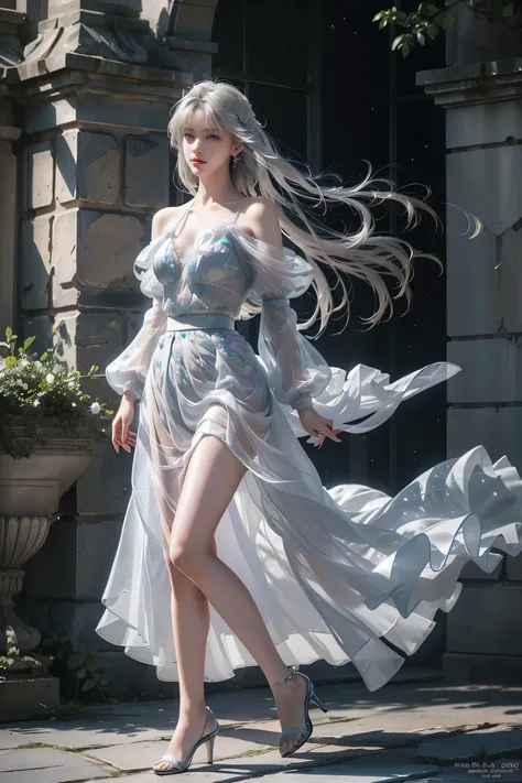 ((Girl standing in front of the castle wall))、Fluorescent color、One Girl、Look to the side、Beautiful Face、Beautiful Eyes、(Big Blue Eyes)（From the shoulder down：1。 2）、（Silver blunt hair）、Shiny Hair、Glowing Skin、Reduce glare、Finger Proportion Adjustment、Escro...