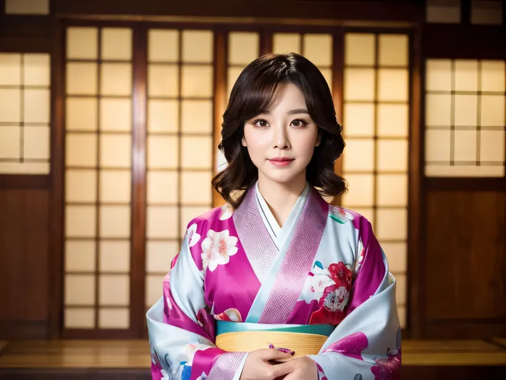 Korean,40-year-old woman,Straight face,Heavy makeup,hairstyle up,kimono,Background Indoor