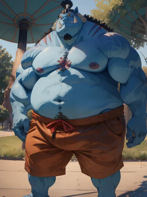 solo, 1boy, (jinbei:1.2, park, blue skin, shorts, smile) (muscular, pectoral, chubby) (topless, shirtless), park background, masterpiece, high detailed, 8k, high resolution