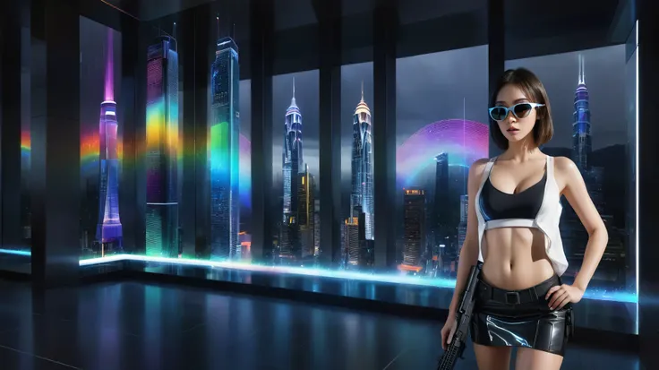 A futuristic cityscapes with colorful all-glass towering skyscrapers, sleek aerodynamic vehicles speeding through the air, rainbow colors waterfalls. High-resolution OLED GUI interfaces in the building, The windows are filled with transparent data visualiz...