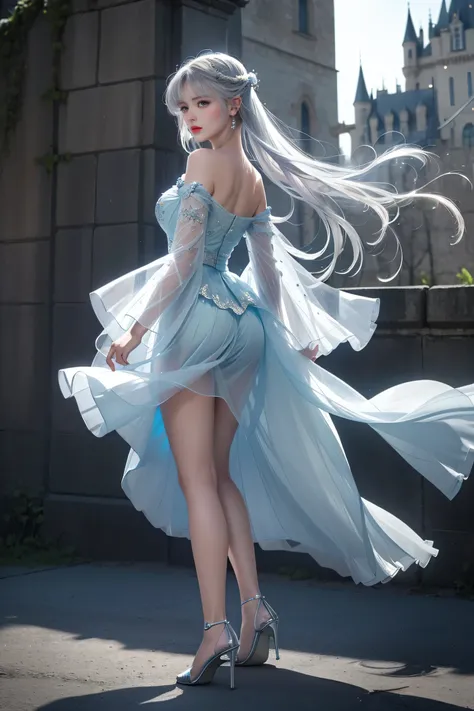 ((Girl standing in front of the castle wall))、Fluorescent color、One Girl、Look to the side、Beautiful Face、Beautiful Eyes、(Big Blue Eyes)（Rear view)、(look back）、（Silver blunt hair）、Shiny Hair、Glowing Skin、Reduce glare、Finger Proportion Adjustment、Escrow、Butt...