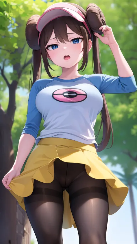 Rosa, Rosa, Brown Hair, Double Bang, doughnut Hair Bun, Hair Bun, blue eyes, Hair between the eyes, Twin tails, Large Breasts, Open your mouth,
break pantyhose, (Pantyhose under shorts), Raglan sleeves, skirt, (yellow skirt), White shirt, Blue Sleeve, Long...