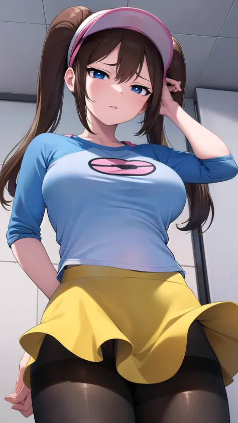 Rosa, Rosa, Brown Hair, Double Bang, doughnut Hair Bun, Hair Bun, blue eyes, Hair between the eyes, Twin tails, Large Breasts, Open your mouth,
break pantyhose, (Pantyhose under shorts), Raglan sleeves, skirt, (yellow skirt), White shirt, Blue Sleeve, Long...