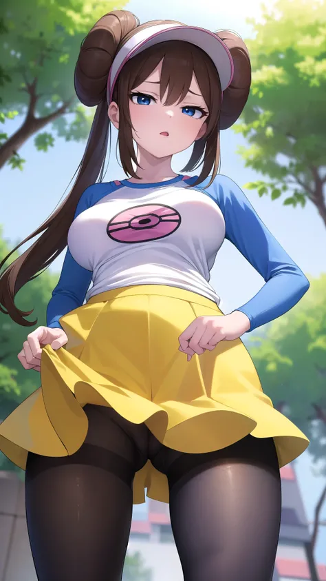 Rosa, Rosa, Brown Hair, Double Bang, doughnut Hair Bun, Hair Bun, blue eyes, Hair between the eyes, Twin tails, Large Breasts, Open your mouth,
break pantyhose, (Pantyhose under shorts), Raglan sleeves, skirt, (yellow skirt), White shirt, Blue Sleeve, Long...