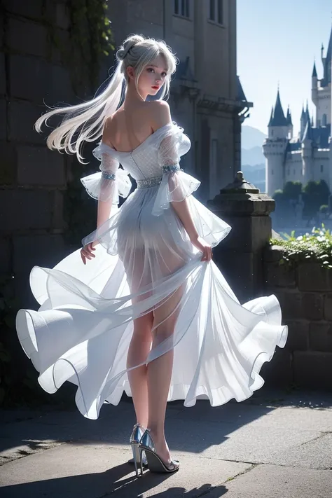 ((Girl standing in front of the castle wall))、Fluorescent color、One Girl、Look to the side、Beautiful Face、Beautiful Eyes、(Big Blue Eyes)（Rear view)、(look back）、（Silver blunt hair）、Shiny Hair、Glowing Skin、Reduce glare、Finger Proportion Adjustment、Escrow、Butt...