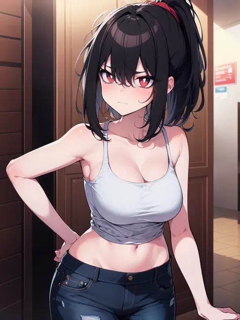 cowboy shot, (ultra-high resolution, depth of field:1.2), 1woman, mature, (black hair), short messy hair, ponytail, (red eyes), white pupils, ((bags under eyes)), (shaded face:1.2), empty eyes, angry, frowning, (arm tattoo), large breasts, wide hips, black...