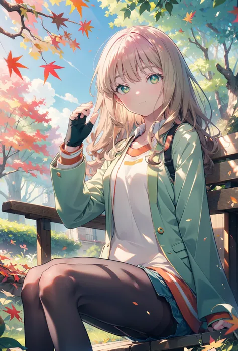 minami yume ,sss Dynazenon ,Long Hair,hair band, Brown Hair, smile,blush,(Green Eyes:1.5) ,Blue v-neck sweater,Shorts,Black pantyhose,short boots,Walking,whole bodyがイラストに入るように,autumn leaves,autumn leavesが散っている,autumn leavesが積もっている,Sitting on a bench,
break...