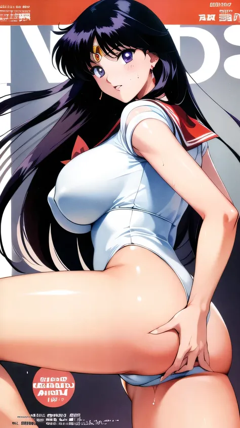 masterpiece, Highest quality, High resolution, Sailor Mars　1990s (style),、(Big Breasts)、Sweating all over the body、vapor、、Magazine Cover　Wet leotard　look back