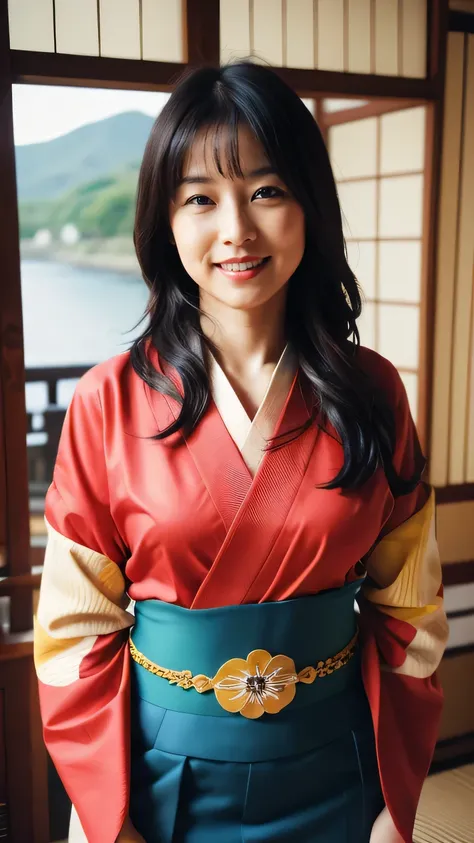 ((Highest quality、8k、masterpiece:1.3))、Photorealistic, Sharp focus, high resolution, High resolution,Portraiture, One person、Japanese、woman, beautiful woman, (((Japanese Kimono)))、30 years old, Plump, Medium Long Hair,smile