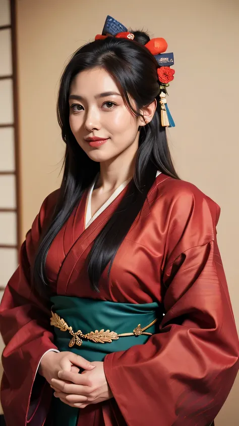 ((Highest quality、8k、masterpiece:1.3))、Photorealistic, Sharp focus, high resolution, High resolution,Portraiture, One person、Japanese、woman, beautiful woman, (((Japanese Kimono)))、30 years old, Plump, Medium Long Hair,smile