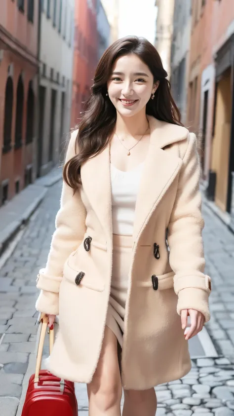 woman walking slowly along cobblestone road in winter, beautiful eyes, detailed face, necklace, stone street, beige duffle coat ...