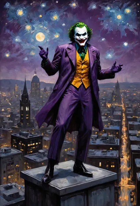 DC comics, The joker (insane smile, big stary eyes, trademark purple outfit, arms out) standing on the roof of a skyscraper, viewed from a low angle behind shoulder, insane starry night with evil stars