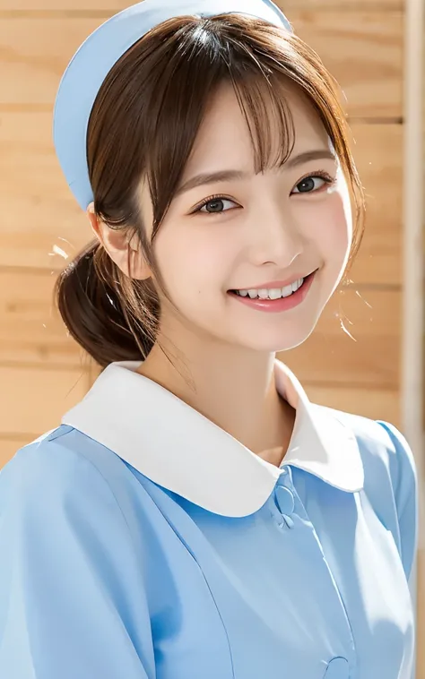((Best quality, 8k, Must-have: 1.3)), Beautiful, 1 Japanese woman, Nurse, (Full body), Perfect anatomy, Standing, Black hair, Blunt bangs, Lower ponytail, 20 years old, Detailed Face, high-definition lips, detailed eyes, nurse uniform, light blue dress, nu...