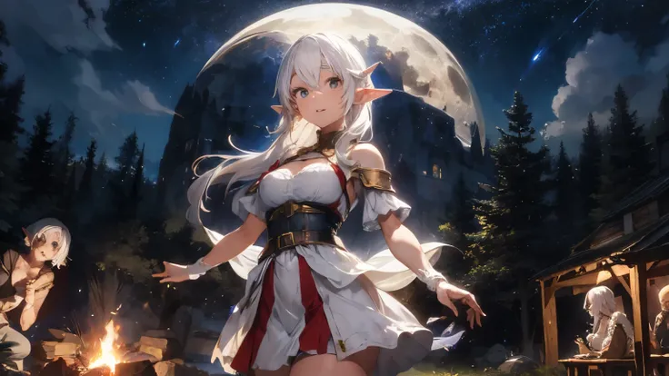 sexy elf woman with white hair, wearing medieval dress having fun dancing around the campfire with crowd under the moon light at the center of medieval forest at midnight.