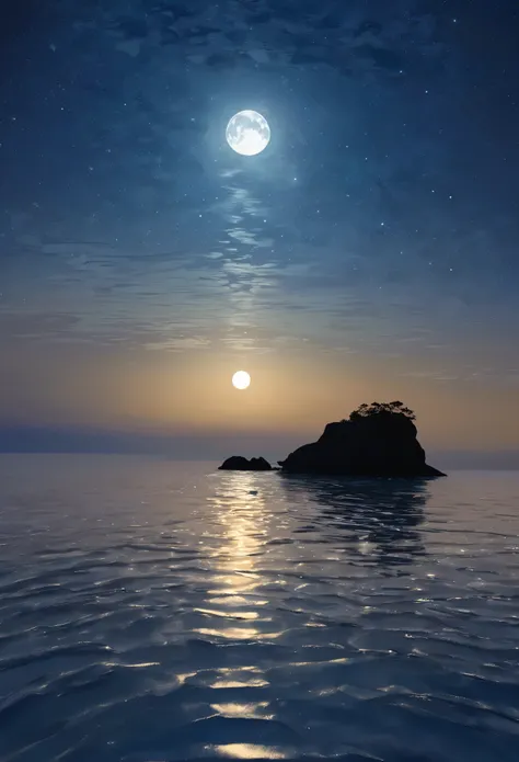 Under the gentle glow of the full moon, The calm sea stretches to the horizon. The moonlight casts a silvery glow on the gentle ripples on the water., Creates a shimmering path that appears to lead to the moon itself. Gentle waves crash on the shore, Whisp...