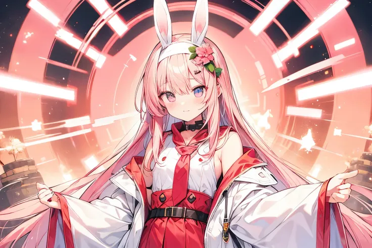 Cyber World　game　White rabbit ears headband　Red clothes　Pink Hair