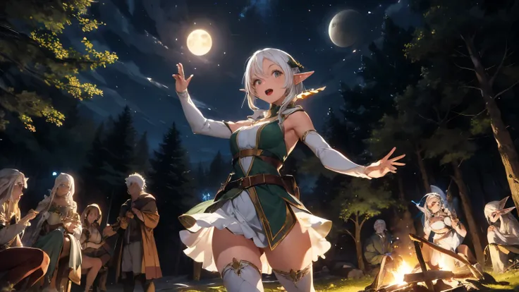 sexy elf woman with white hair, wearing medieval dress having fun dancing around the campfire with crowd under the moon light at the center of medieval forest at midnight.