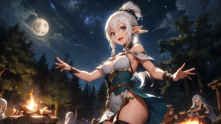 sexy elf woman with white hair, wearing medieval dress having fun dancing around the campfire with crowd under the moon light at the center of medieval forest at midnight.