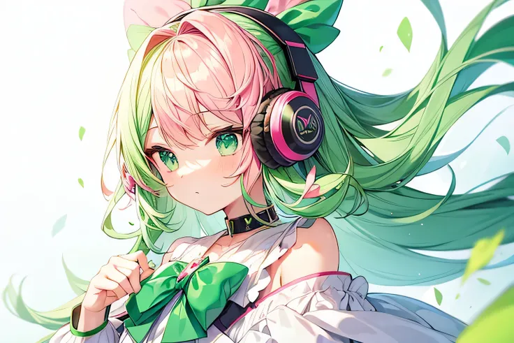 Green and pink hair　Magical girl　Headphones and ribbon　Cyber World