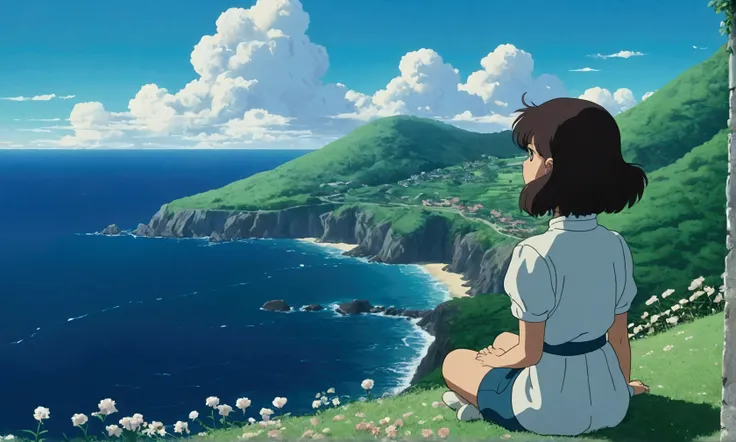 Ultra-high resolution,80s aesthetic anime ,outline,Studio Ghibli,countryside,slope,Ocean,リアス式Ocean岸,Cliff, Sitting Girl,Turn your back on the viewer,White cloud,Anime Bloom Effect,Soft lighting,CG particle effects 4K resolution