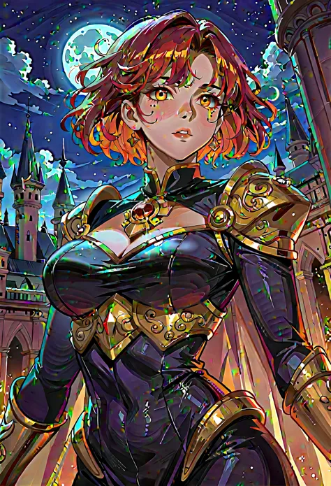 Anime, High-resolution illustrations, unrivaled masterpiece, ultra-realistic 8k CG, perfect artwork, (fidelity: 1.5), night, a mature woman, solo, neck-length hair, short hair, bangs, (vermillion red hair), golden eyes glitter with ferocity, voluptuous cur...